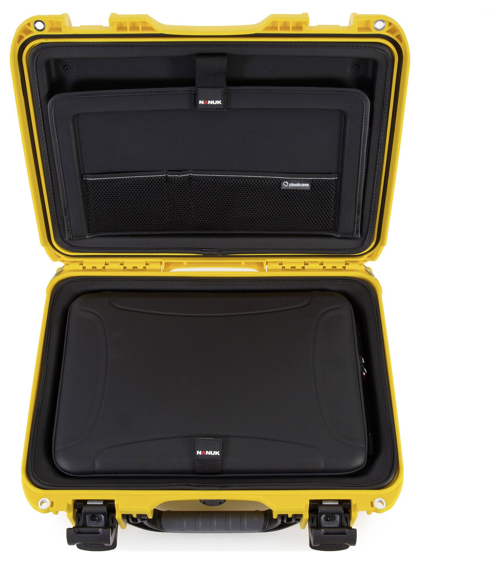 A yellow hard-shell suitcase, opened, reveals a black foam insert that ensures secure transportation of equipment.