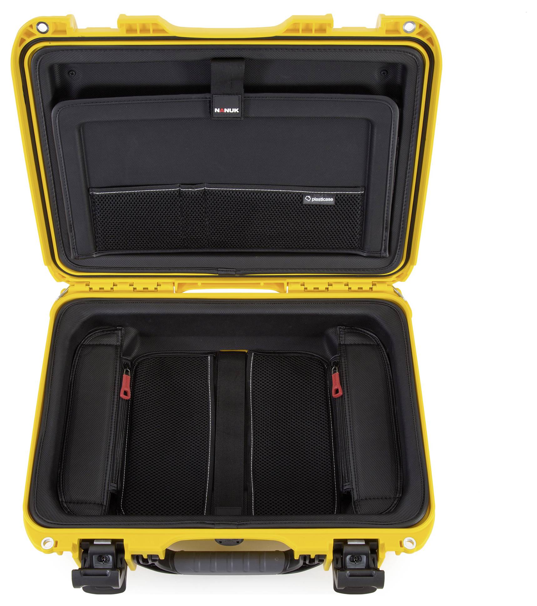 Yellow hard-shell suitcase, opened, with black compartments and nets inside for secure storage of equipment or documents.
