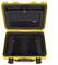 Yellow hard-shell suitcase, opened, with black compartments and nets inside for secure storage of equipment or documents.