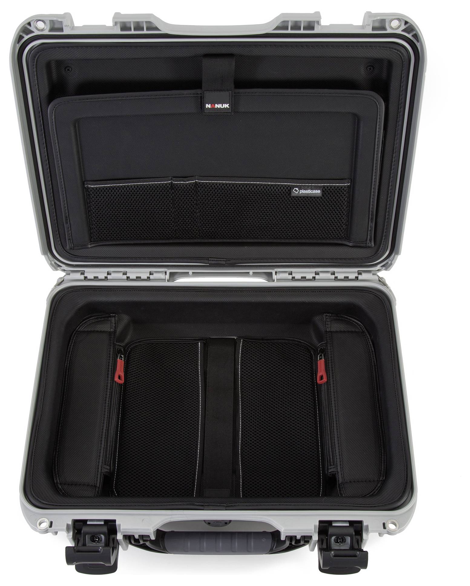 Open, black hard-shell case with compartments and pockets. Suitable for the secure transportation of delicate items.