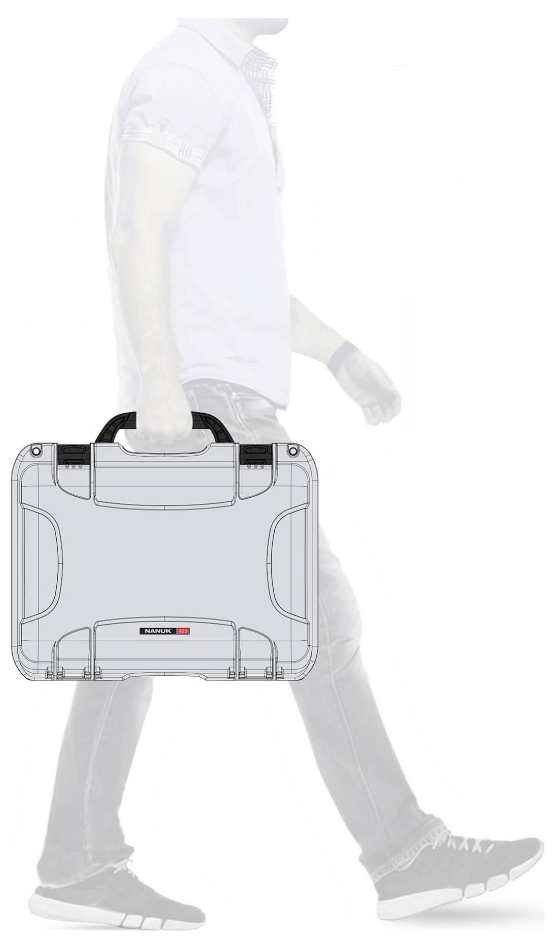 A man is carrying a compact, robust plastic case in his hand. The case has black handles and is solidly constructed.
