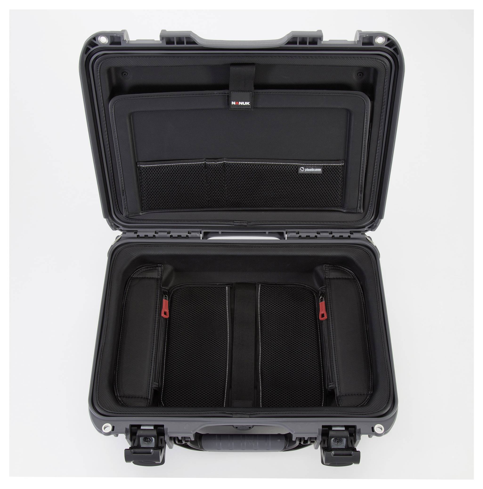 A robust black open suitcase with a sturdy casing, internally fitted with compartments and pockets for secure storage.