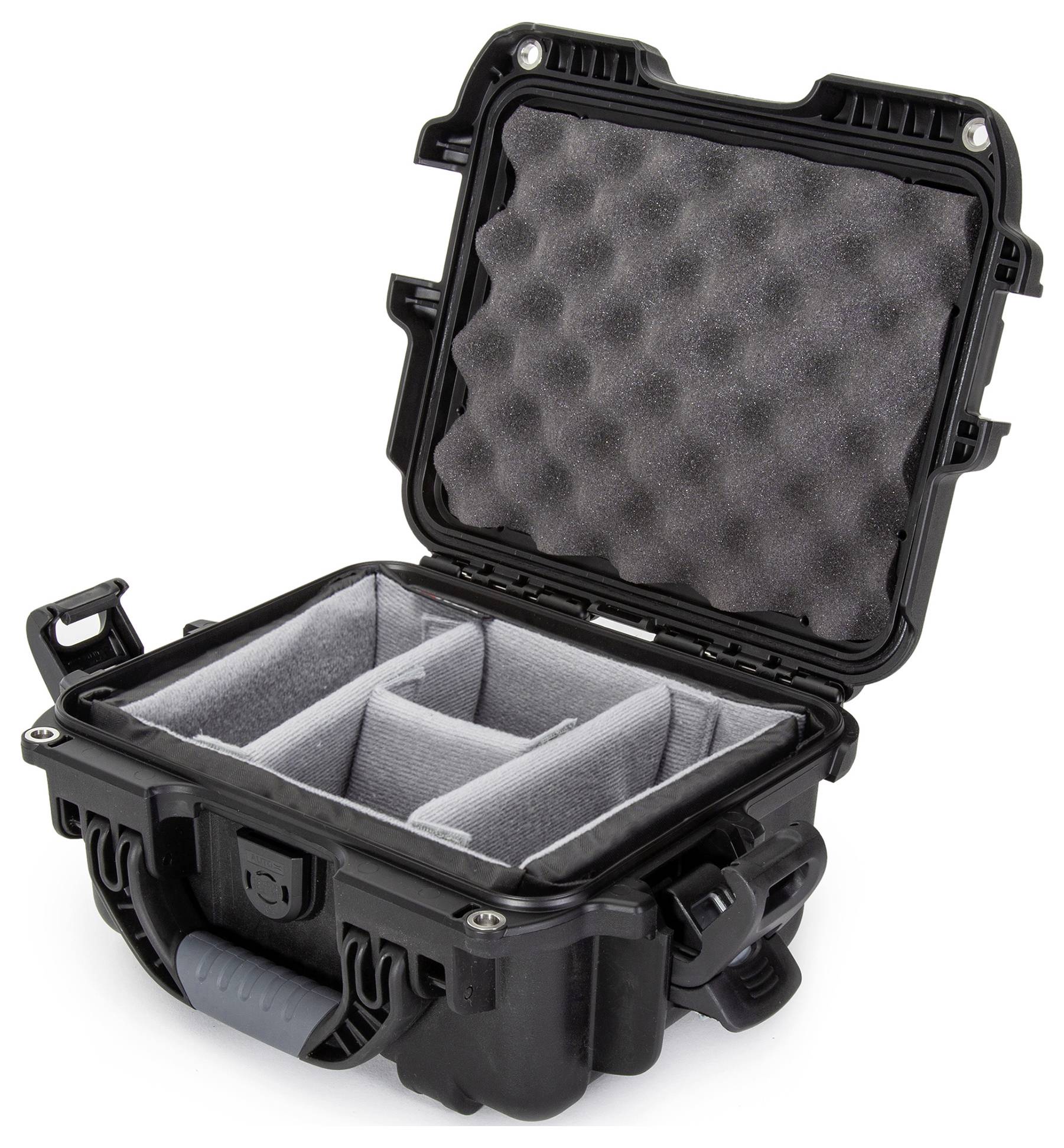 Black, robust hard-shell suitcase with an open lid and padded internal dividers, ideal for secure transportation.