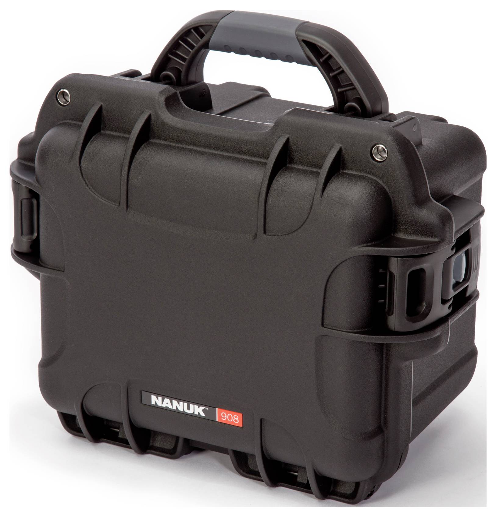 'Nanuk 908' shock-resistant, black hard-shell case with handle, robust design for protecting sensitive equipment.