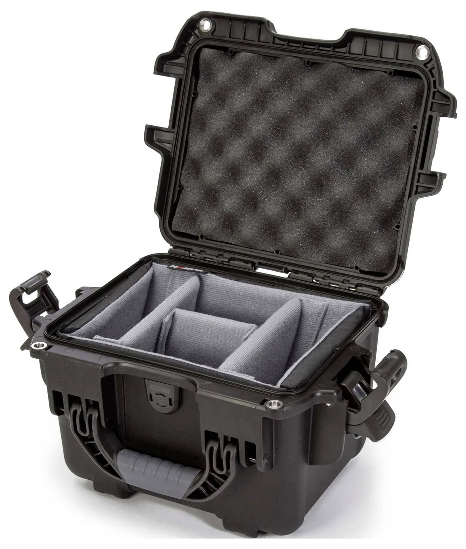 An open, black hard-shell case with padded compartments for secure storage and transport of delicate items.