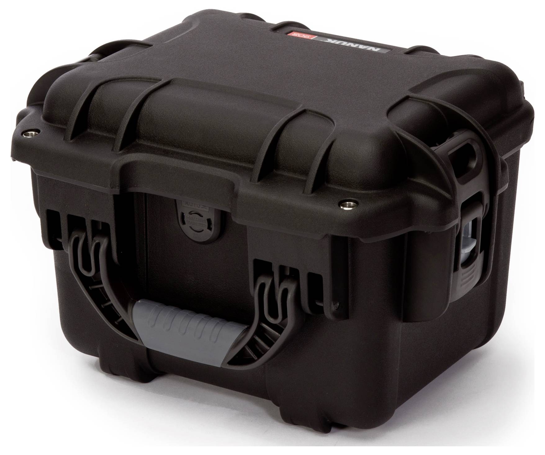 Black, robust protective case with rounded corners and sturdy handle. Suitable for secure transportation and storage.