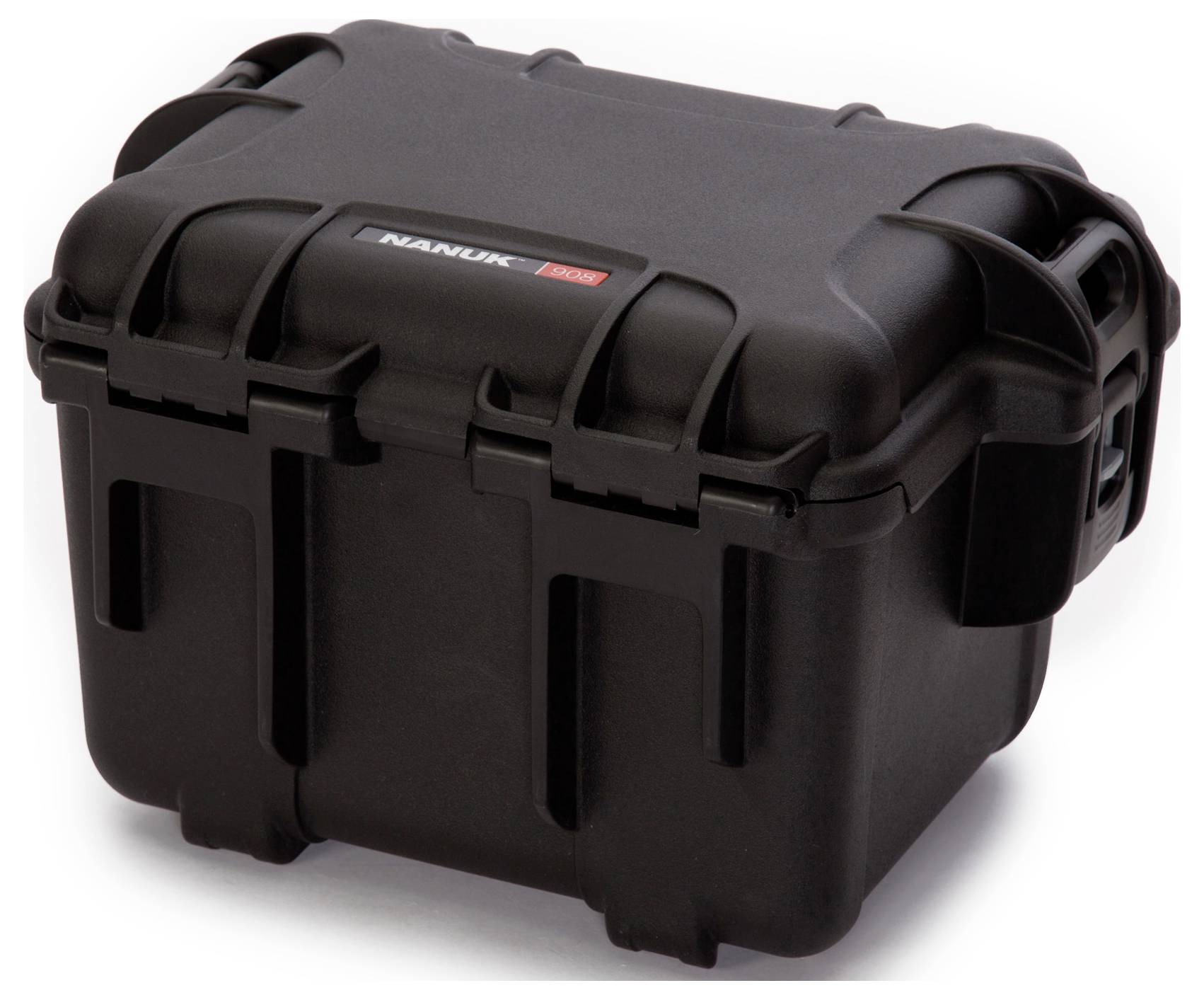 Black, robust hard-shell suitcase with snap locks and an ergonomic handle, suitable for secure transportation.