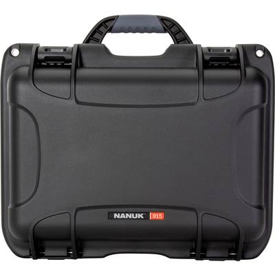 A black, robust Nanuk suitcase, model 915, featuring a sturdy handle on top, with flattened corners for protection and security.
