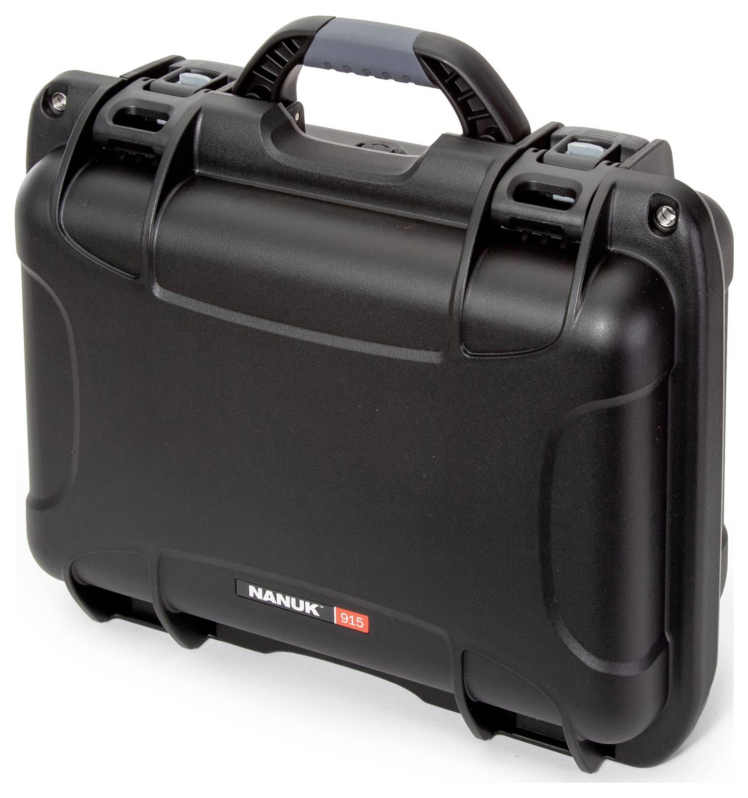 Black, sturdy case with robust handle and two side clasps, brand 'Nanuk 915'.