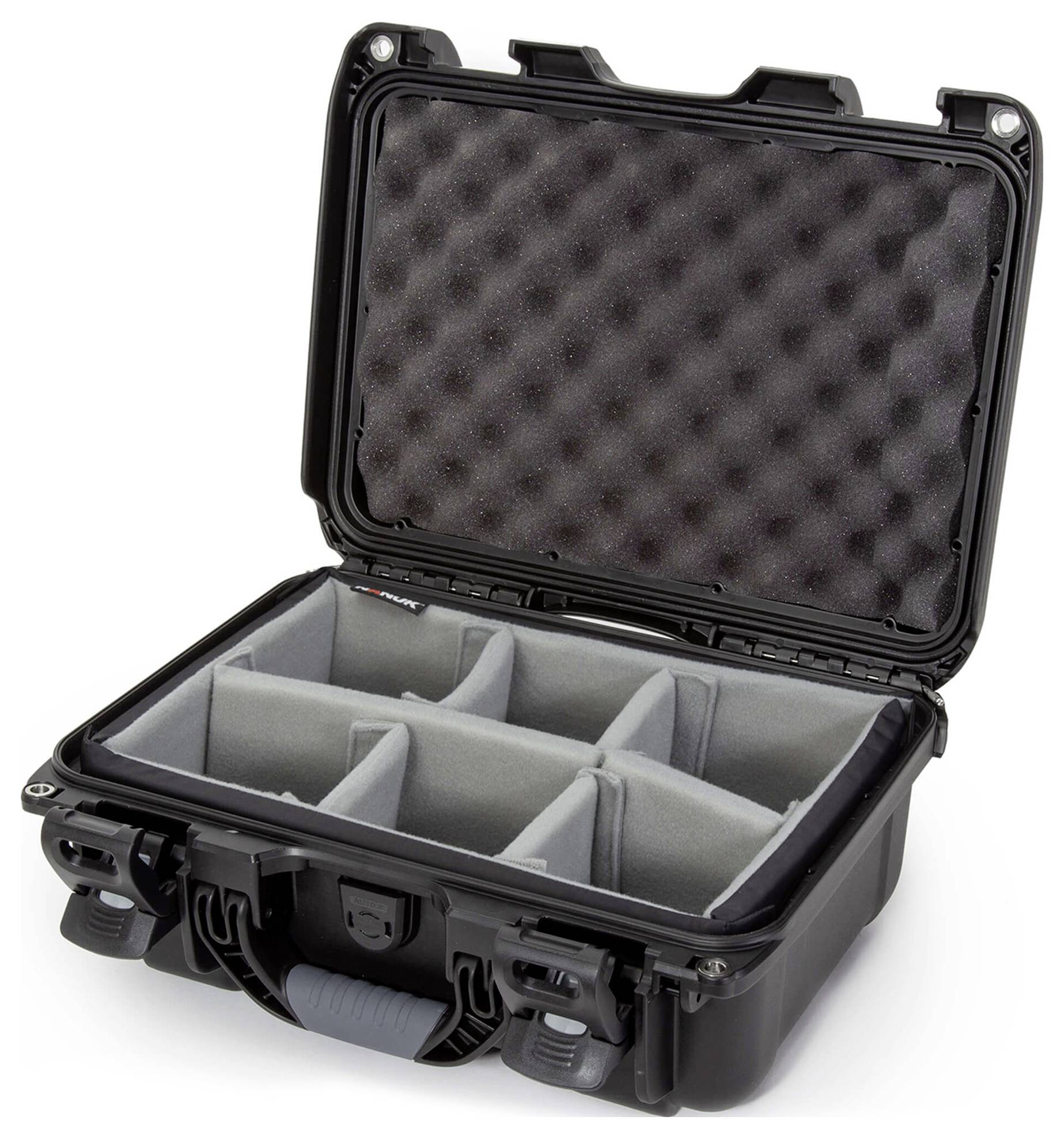A black, open protective case with foam lining and several adjustable compartments for the secure transportation of delicate items.