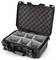 A black, open protective case with foam lining and several adjustable compartments for the secure transportation of delicate items.