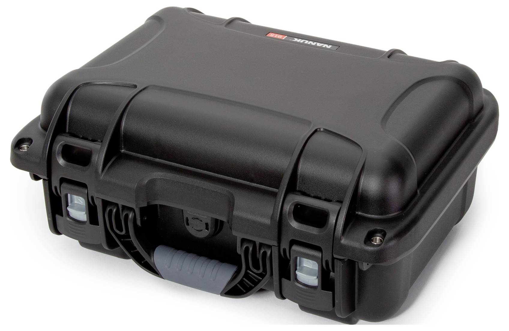 Black, robust hard-shell suitcase with two clasps and an ergonomic handle, suitable for securely transporting delicate items.