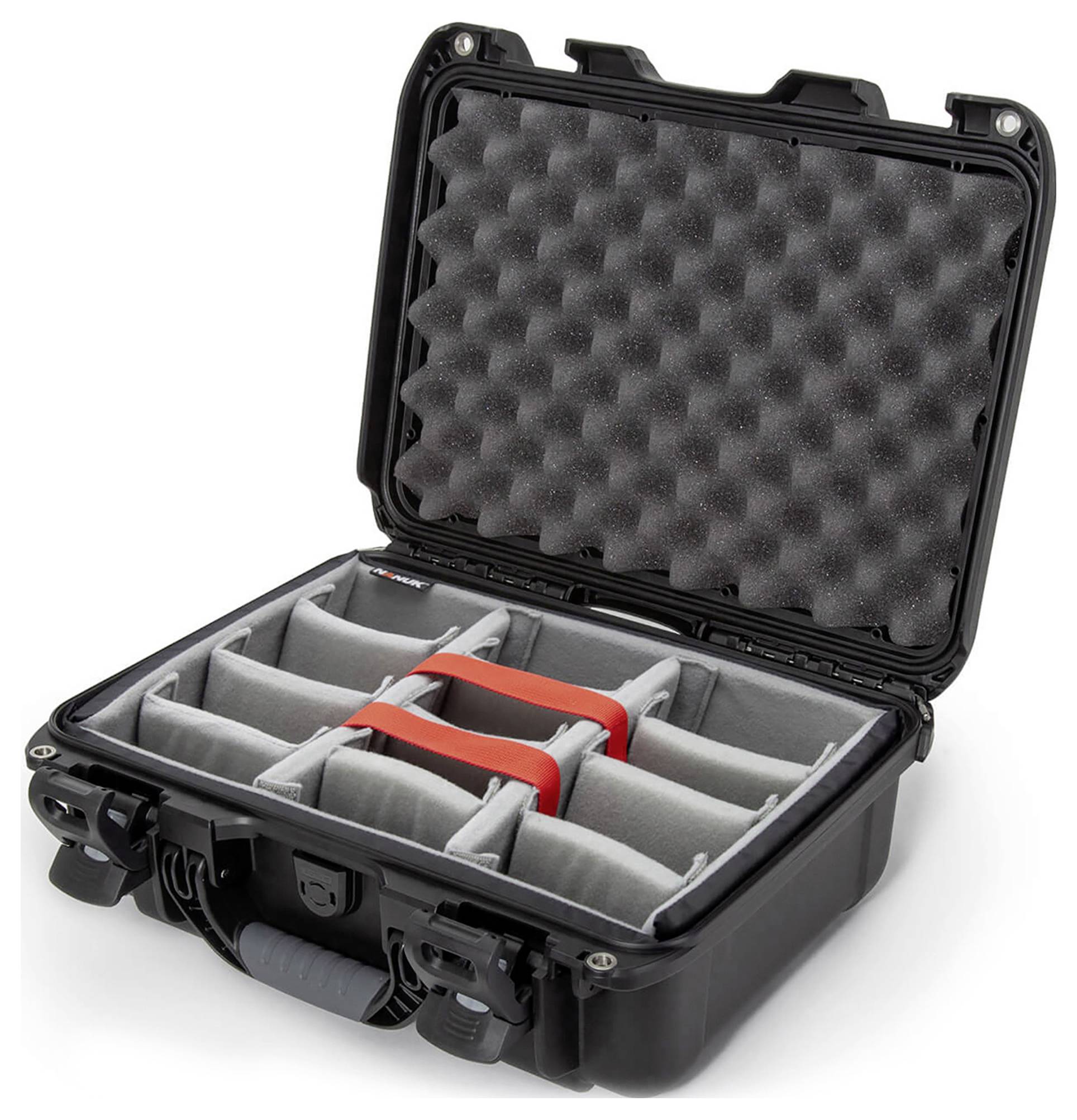 Black hard-shell case with open lid, padded compartments inside and red securing strap, suitable for safely transporting sensitive equipment.