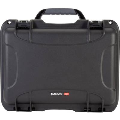 Black protective case with handle, robust design, brand 'Nanuk 923'. Ideal for secure transportation of delicate equipment.