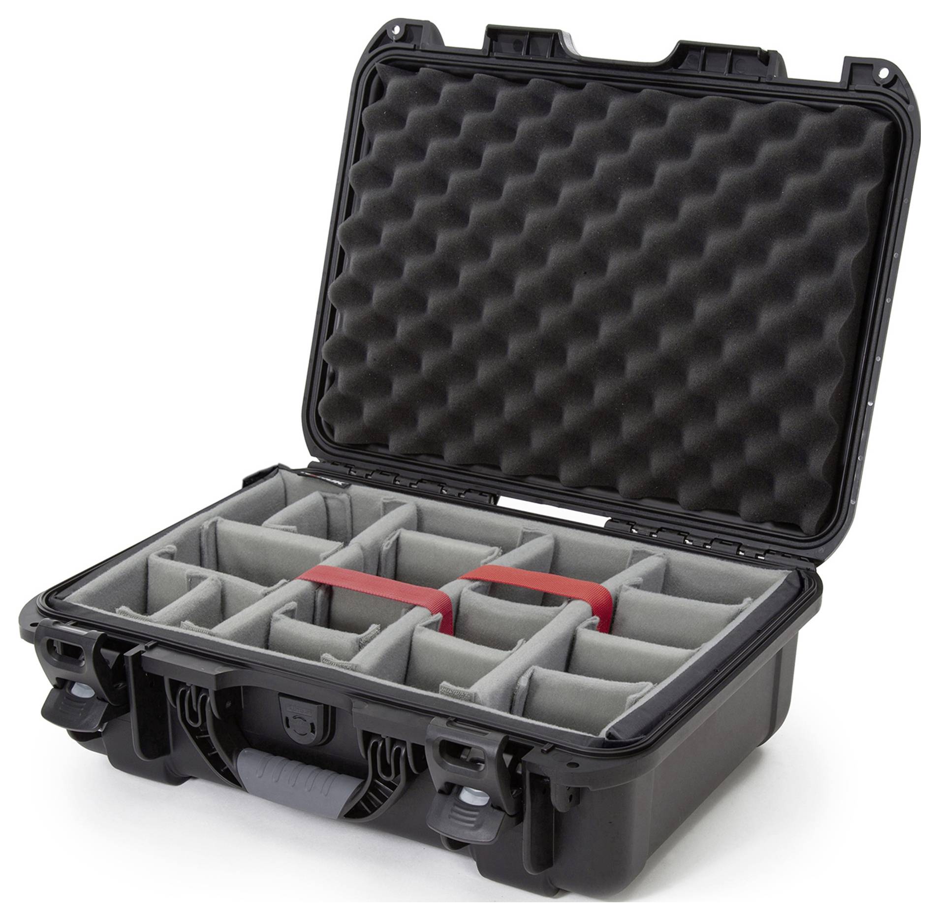 Black case with open lid and padded interior. Contains adjustable compartments for secure transportation of delicate items.
