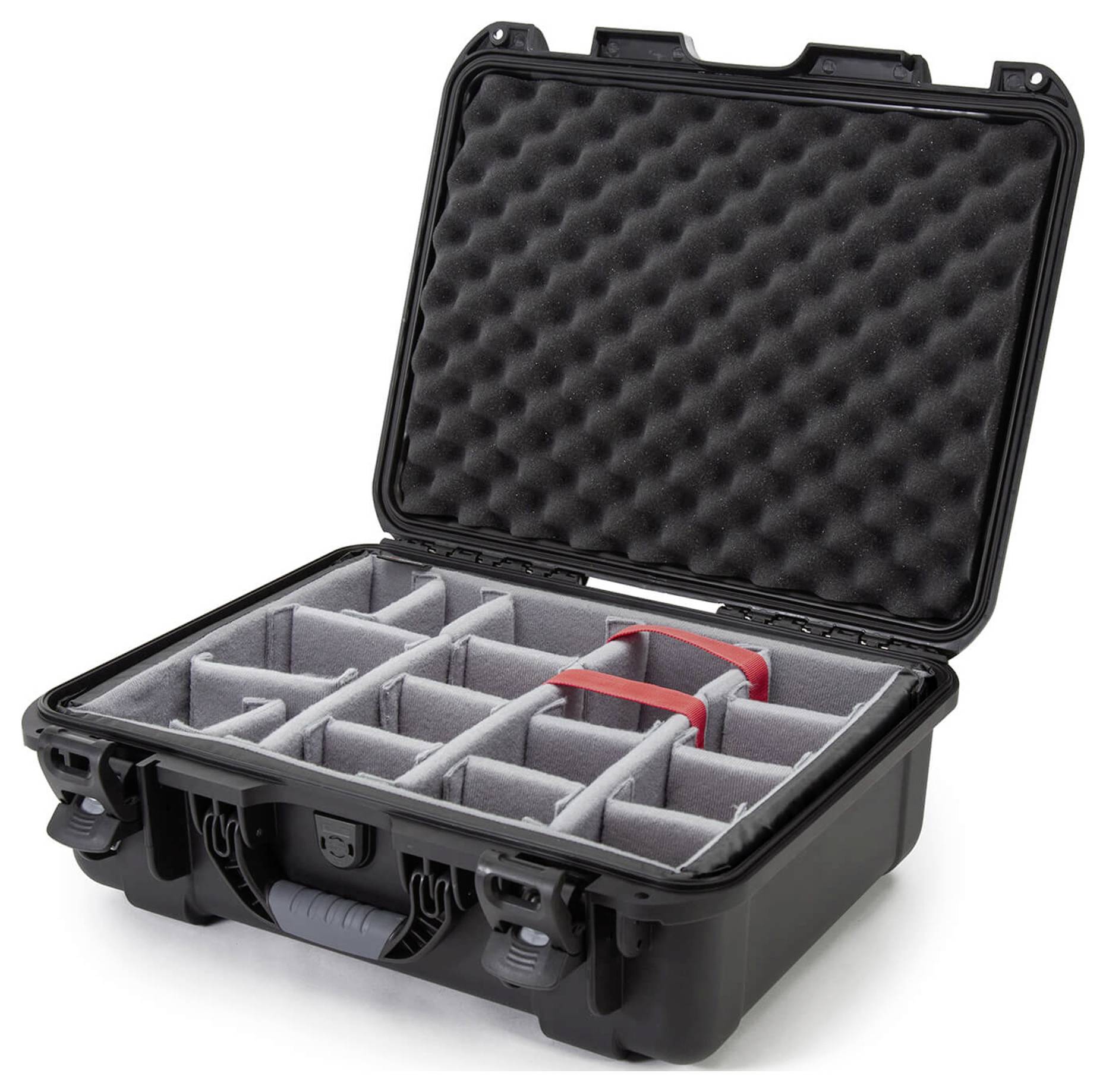 Open black protective case with padded foam and flexible compartments. Ideal for safely transporting delicate equipment.
