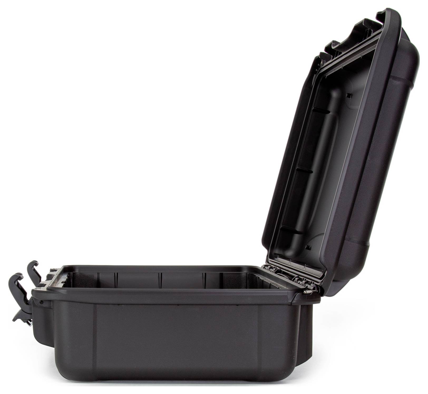 An open black protective case with robust locks and reinforced corners, suitable for the secure storage of delicate equipment.