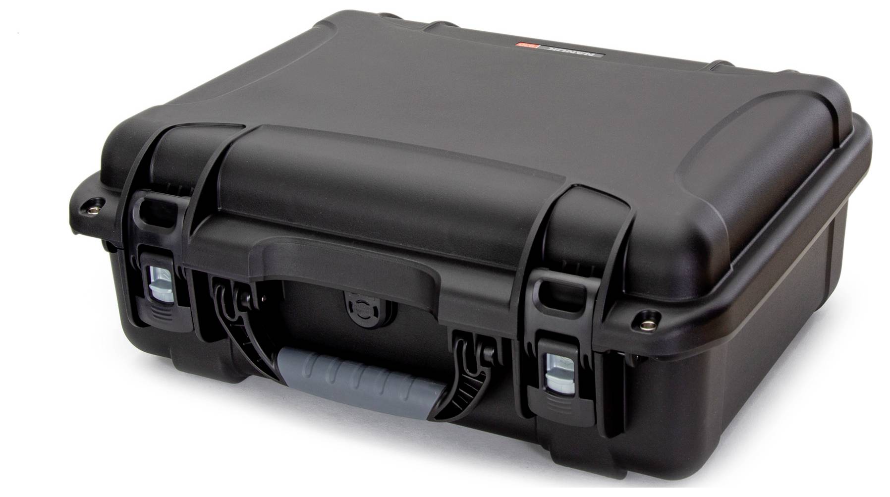 Black, robust transport case with ergonomic handle and sturdy locks. Suitable for the secure protection of equipment.