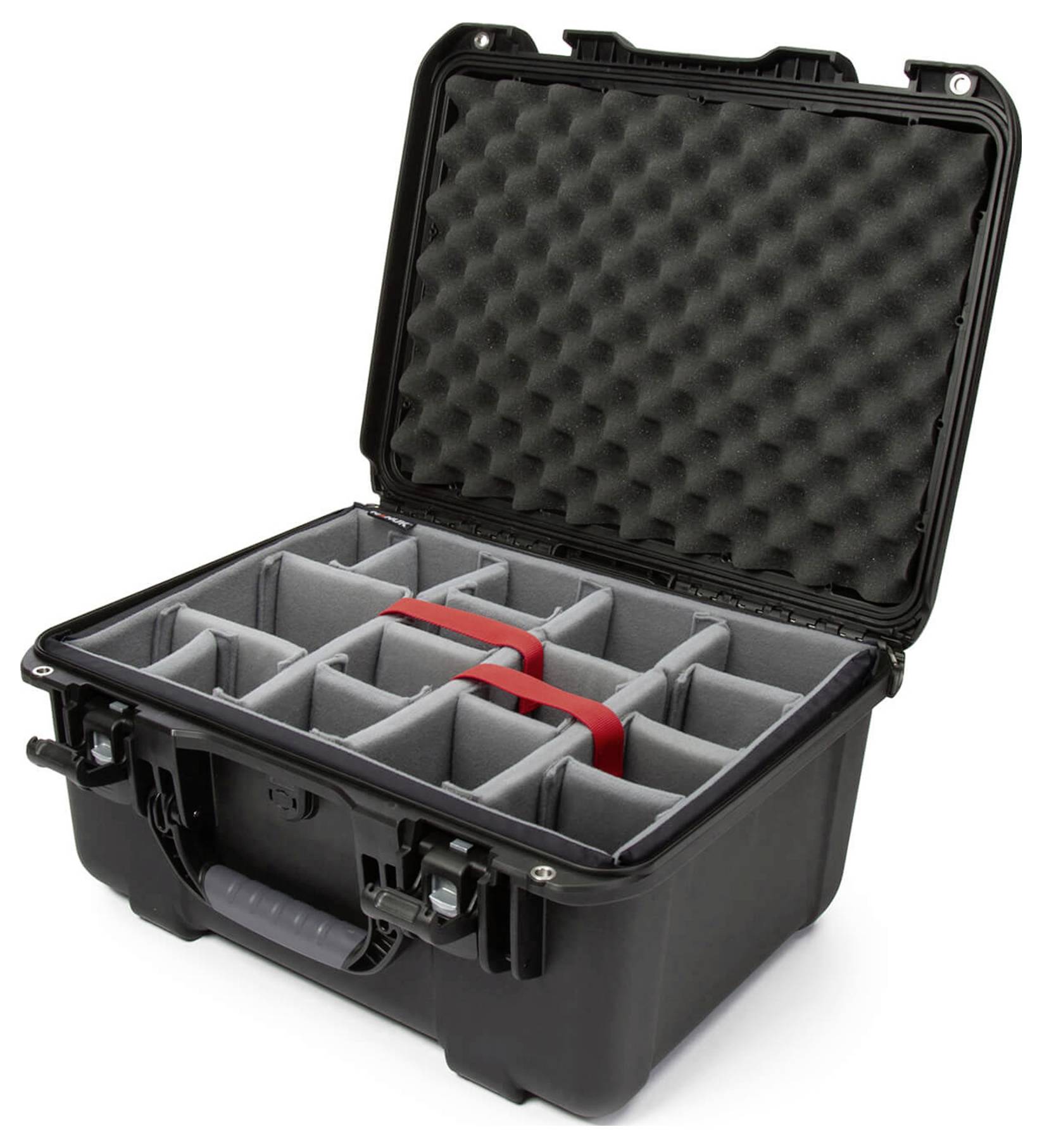 Open black case with foam lining and adjustable compartments, suitable for the secure transportation of delicate items.