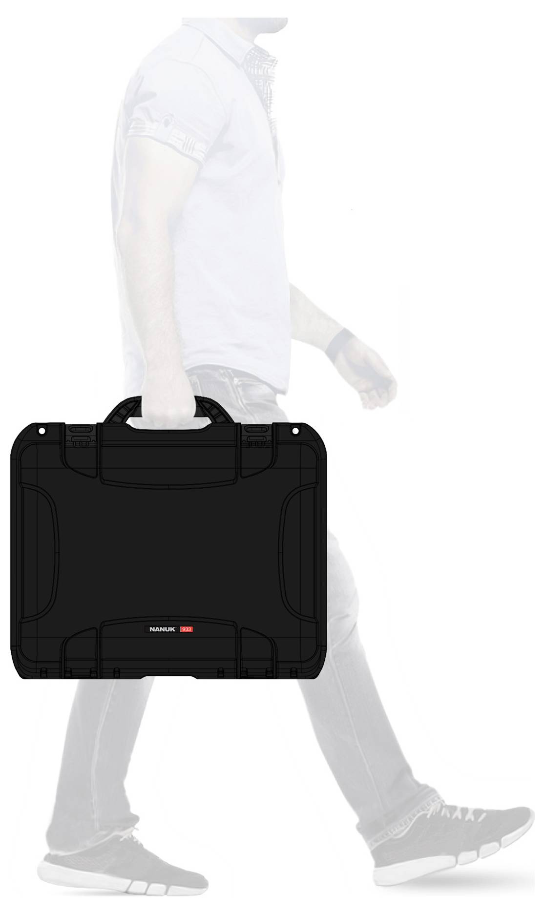 A person is carrying a black briefcase while walking. Only the body without a face is visible.