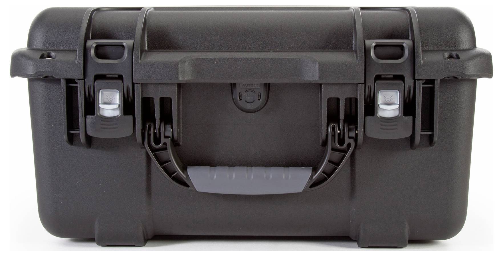 Black hard-shell suitcase with robust buckles and handle, suitable for the secure transportation of delicate items.