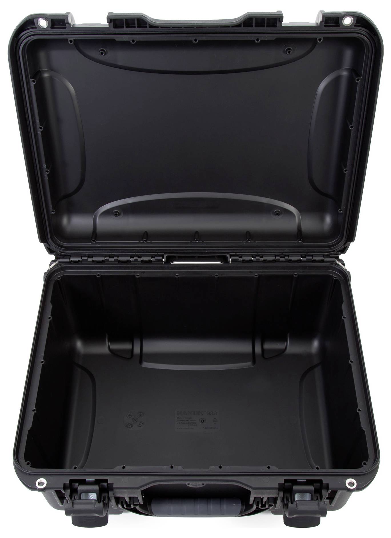 A robust, hard-shell black suitcase with an open, empty interior, designed with protective features suitable for transporting delicate items.