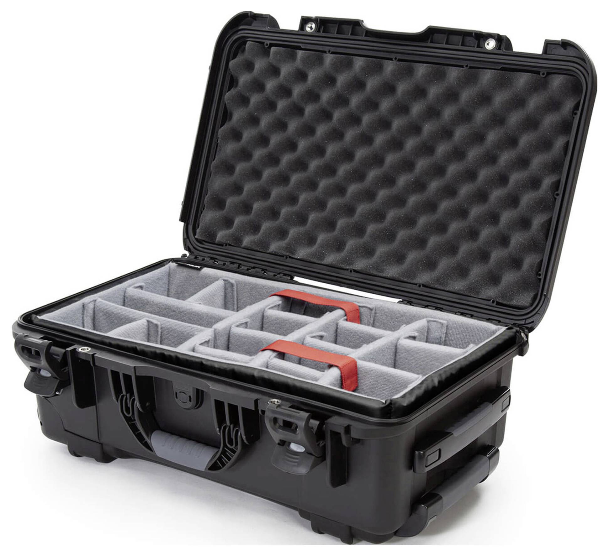 Black, open hard-shell case with foam lining and multiple compartments, suitable for safely transporting delicate equipment.