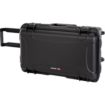 Black, robust rolling suitcase with telescopic handle. Brand print 'NANUK 935'. Suitable for the secure transportation of equipment.