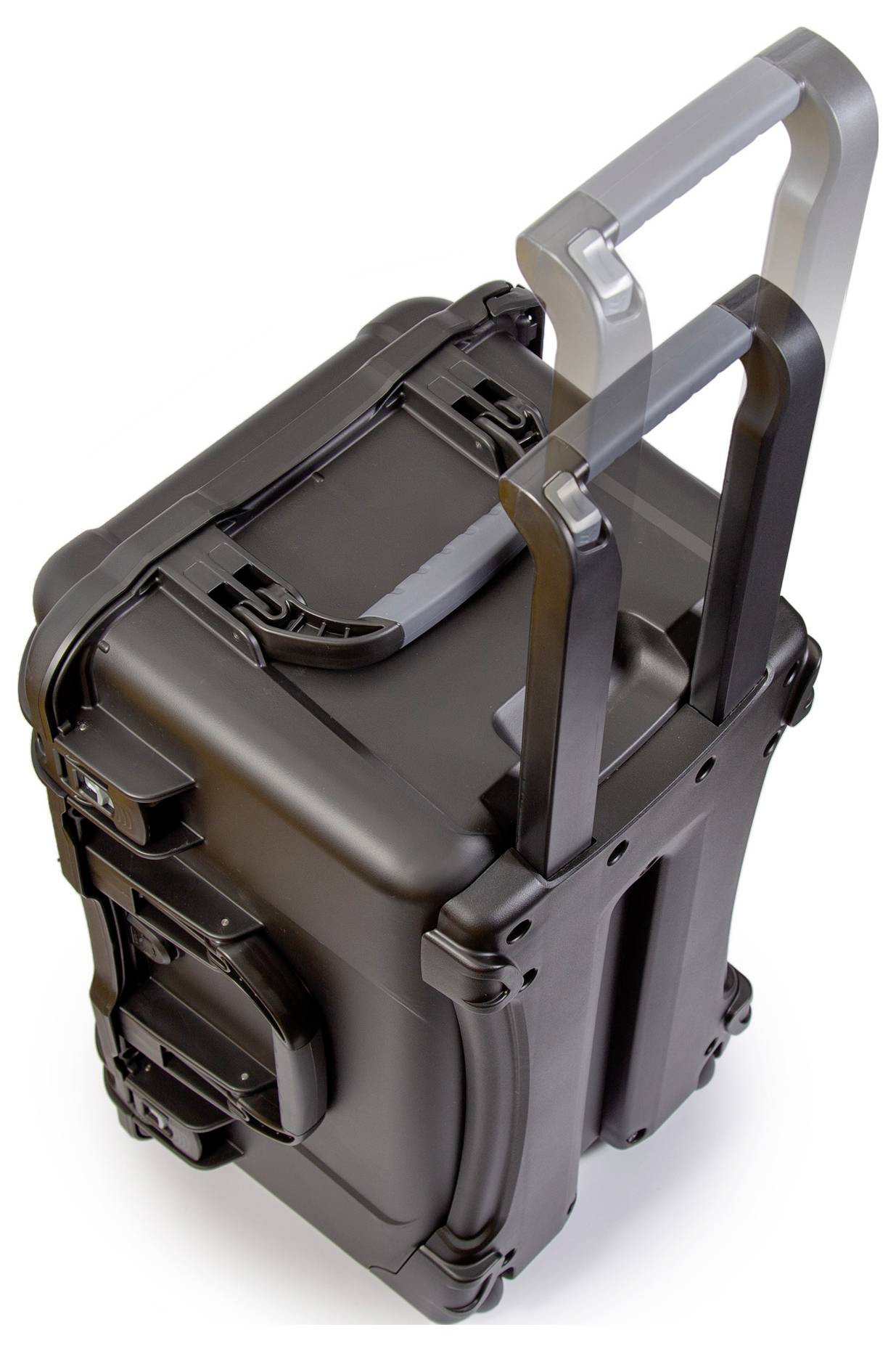 A black, robust hard-shell suitcase with an extendable handle, ideal for securely transporting delicate equipment.