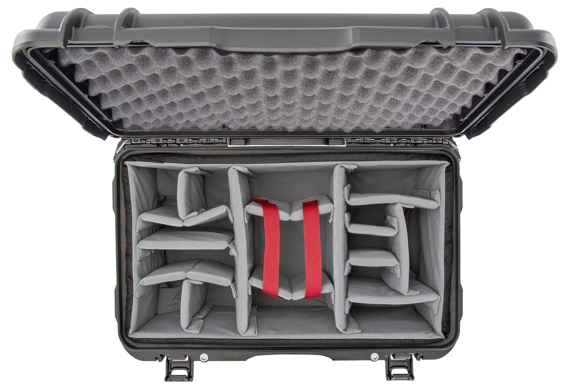 Open hard-shell case with padded interior lining and adjustable dividers, suitable for securely storing equipment.