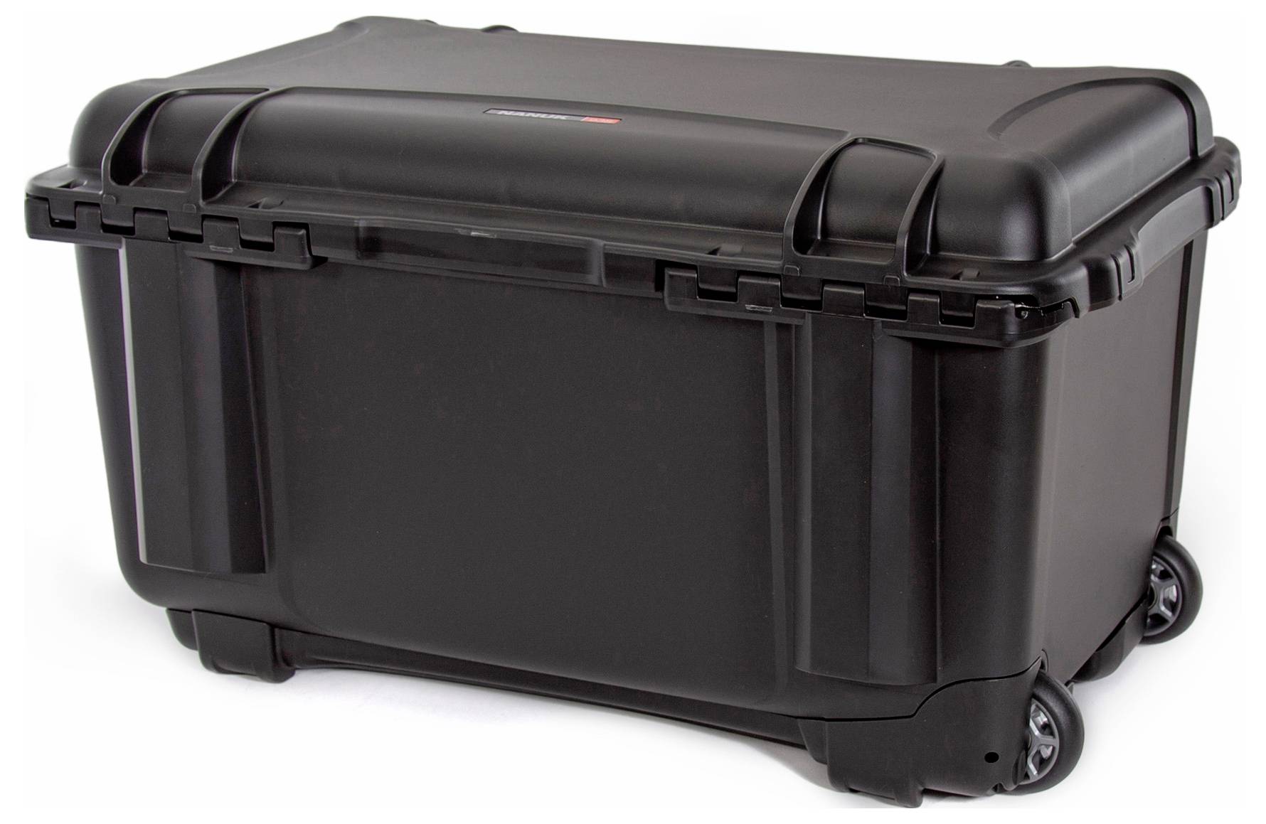 Black, robust plastic transport case with wheels and carry handles. Ideal for securely transporting delicate equipment.