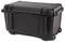Black, robust plastic transport case with wheels and carry handles. Ideal for securely transporting delicate equipment.