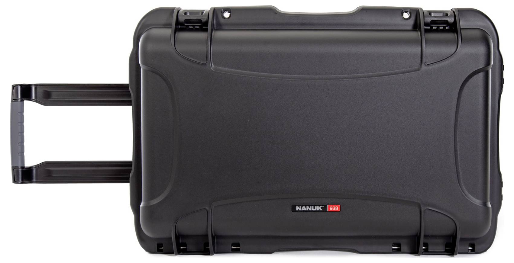 A black, robust rolling suitcase with a handle is positioned horizontally. Brand name 'Nanuk 935' visible in the centre.