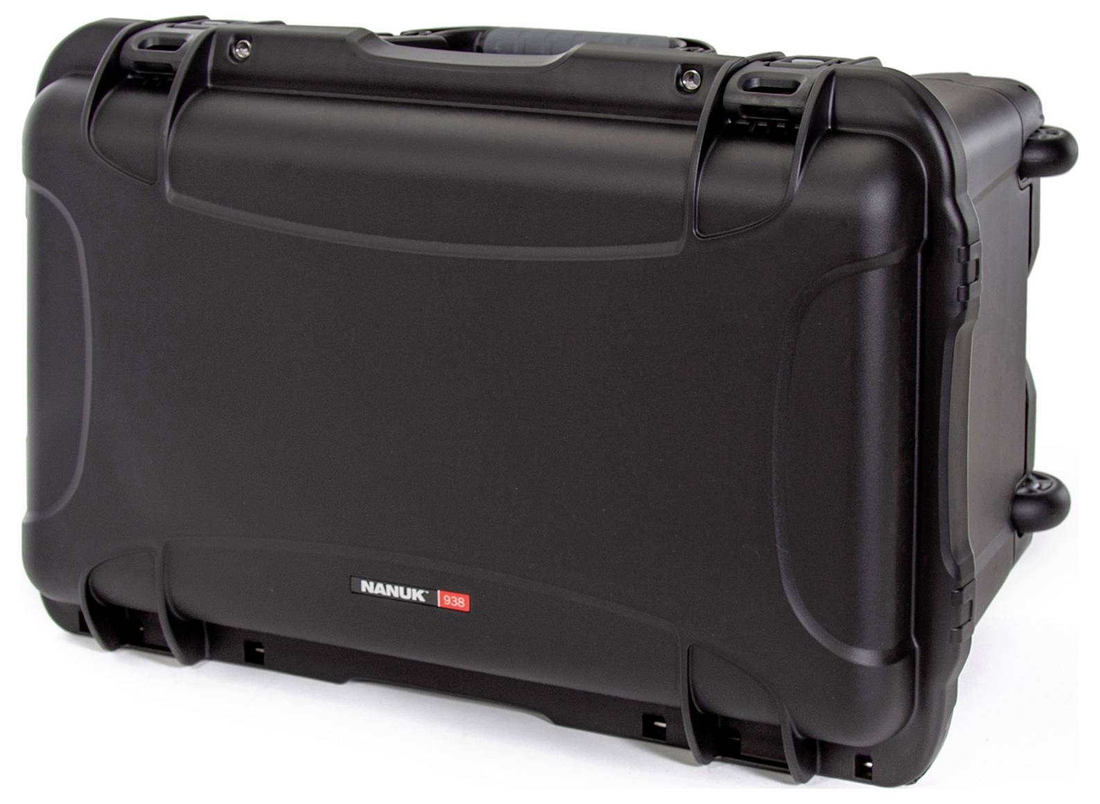 Black, robust protective case with a handle on top, two snap locks on the front, and two wheels for easy transportation.