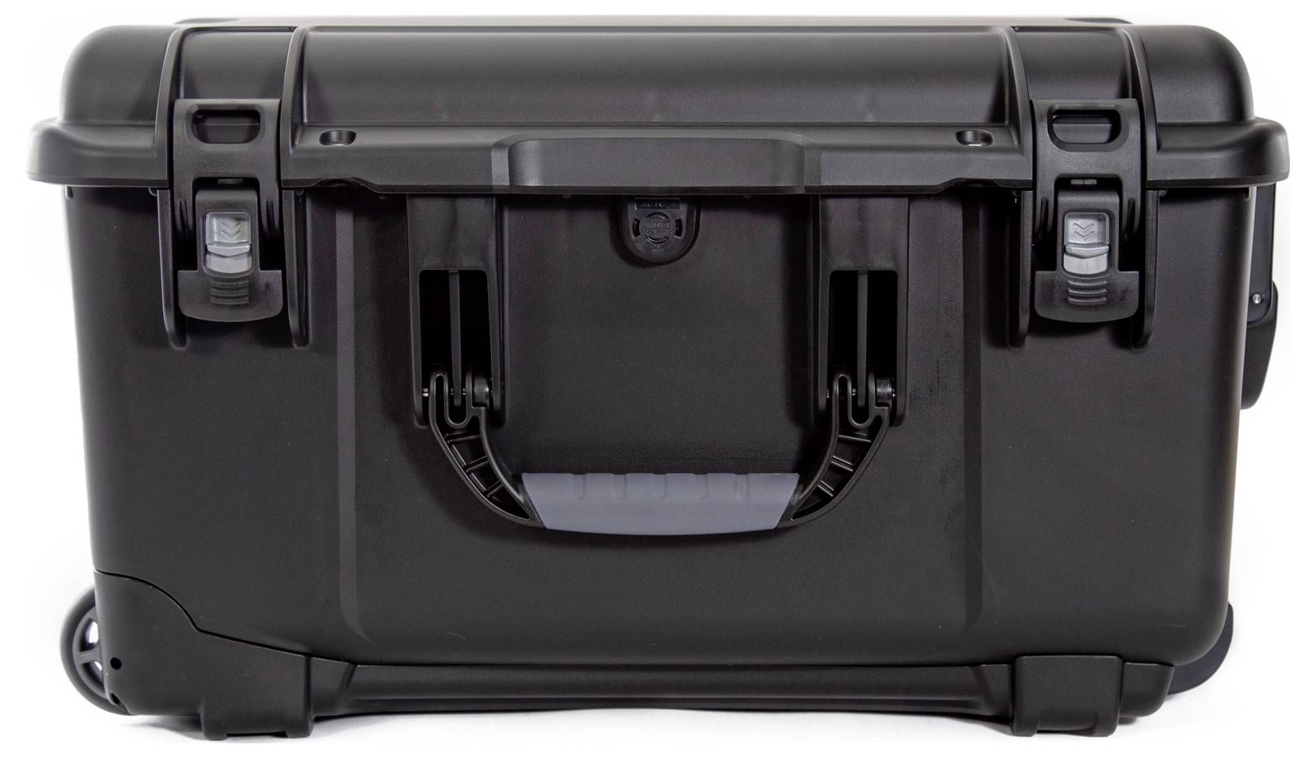 Black, robust hard-shell suitcase with two locks and carry handle, suitable for the secure transportation of delicate equipment.