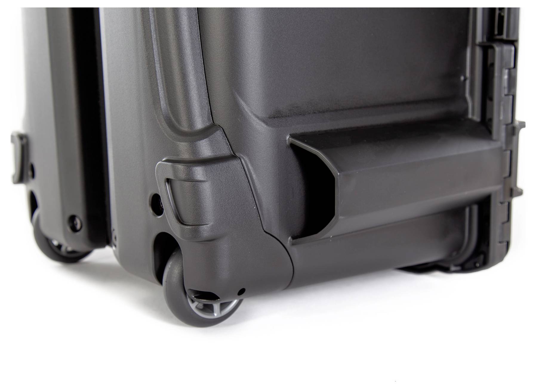 Black suitcase with two wheels and a robust casing, suitable for secure transportation and protection of contents.