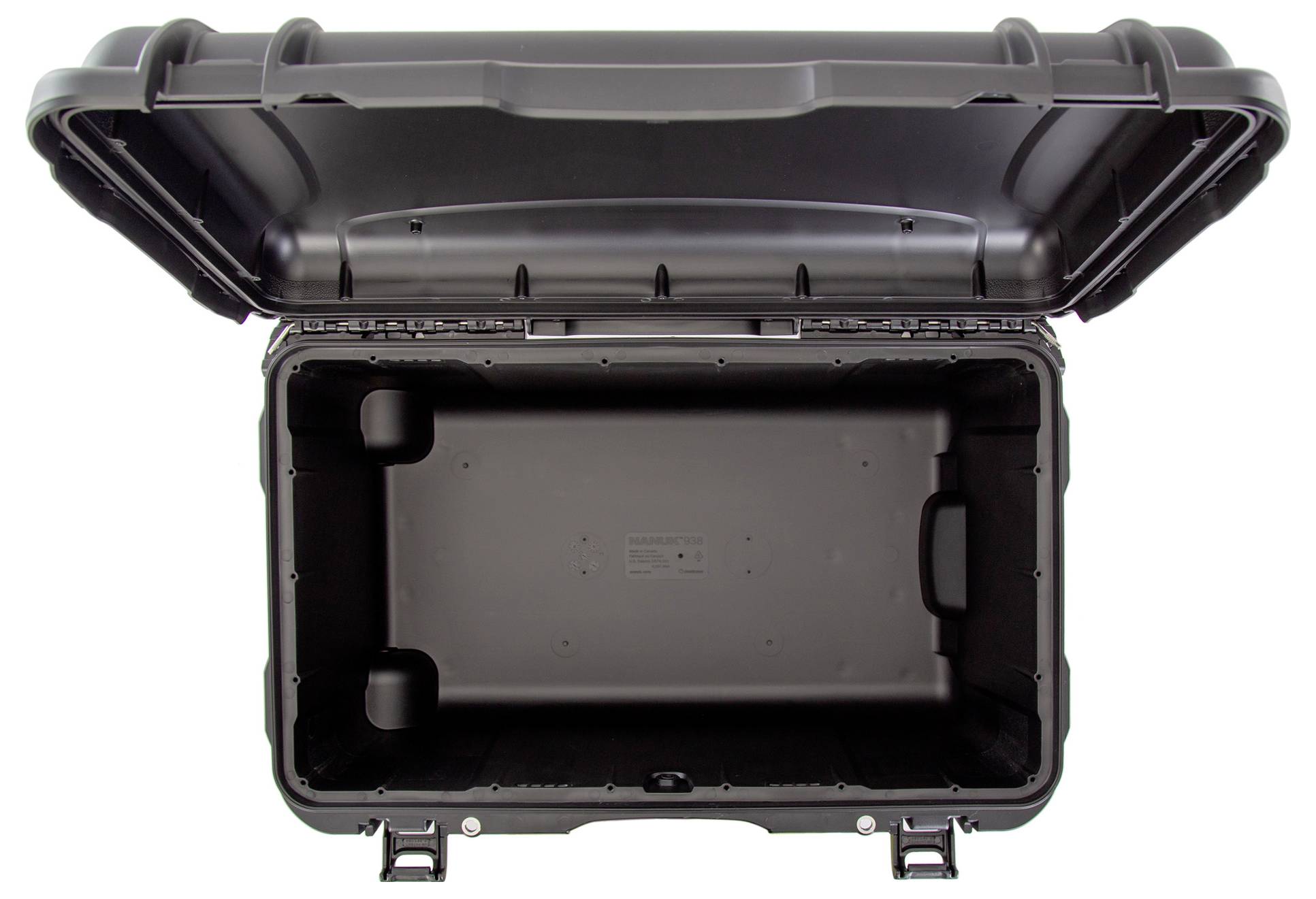 'Open black plastic case viewed from above, empty and with robust design, suitable for safely transporting delicate items.'