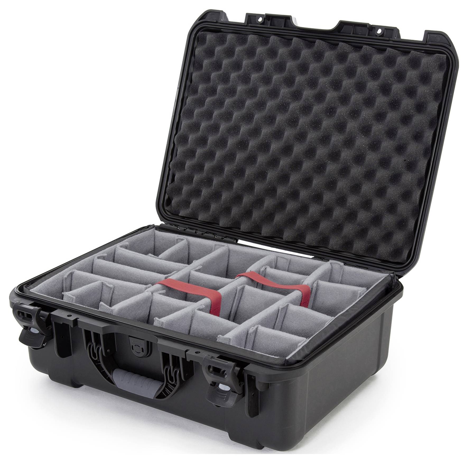 A black, open suitcase with grey, padded compartments for securely storing sensitive equipment or utensils.