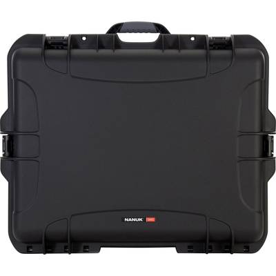 Black hard-shell suitcase, robust and lockable, for the secure transportation of sensitive equipment. Brand 'Nanuk'.