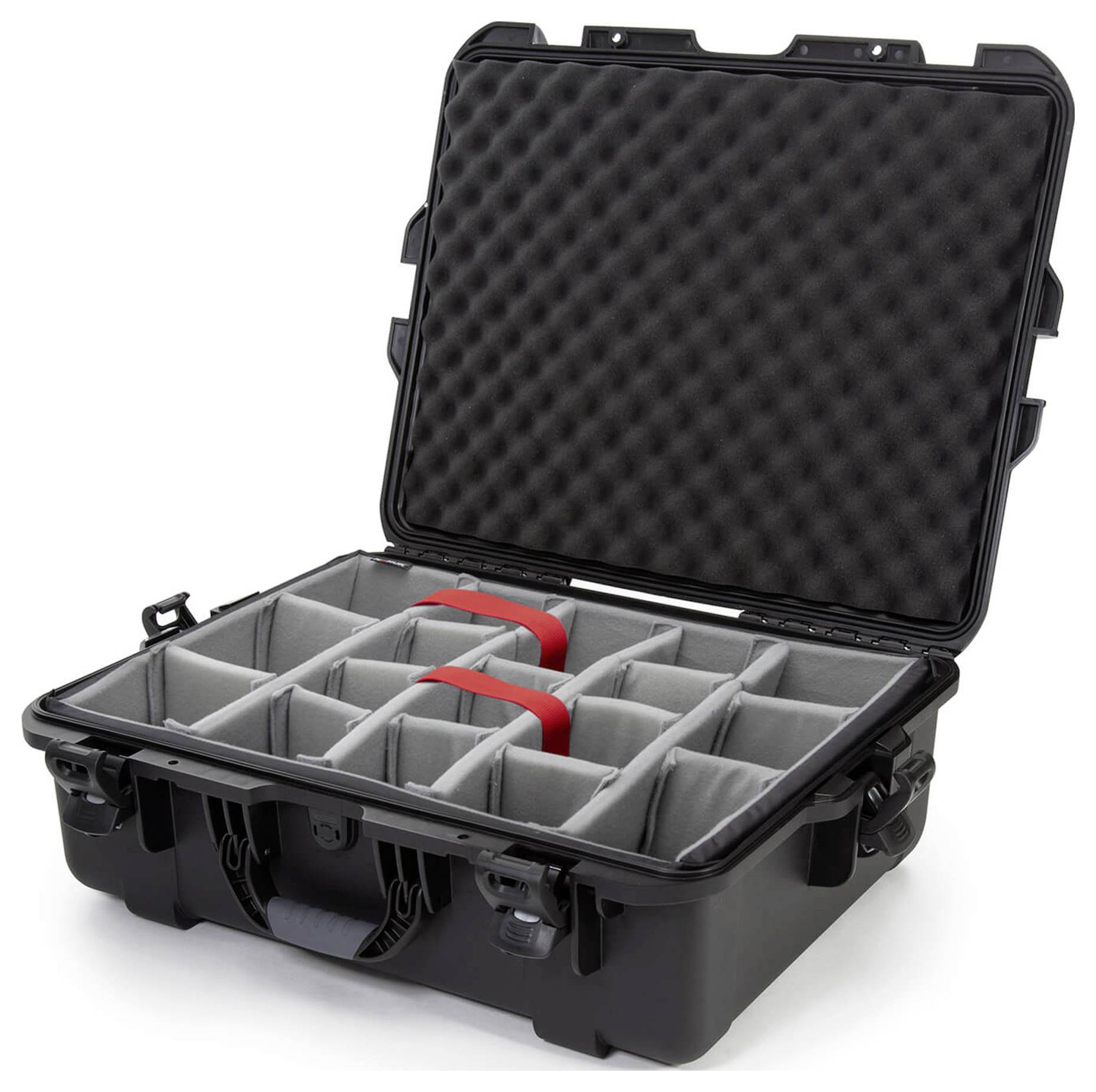 An open black hard-shell case with grey, padded compartments, suitable for securely transporting delicate equipment.