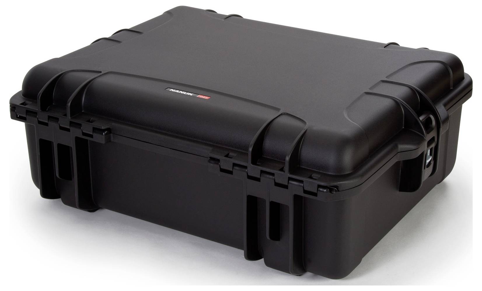 A black, robust carry case with reinforced corners and a sturdy closure system is resting on a white surface.