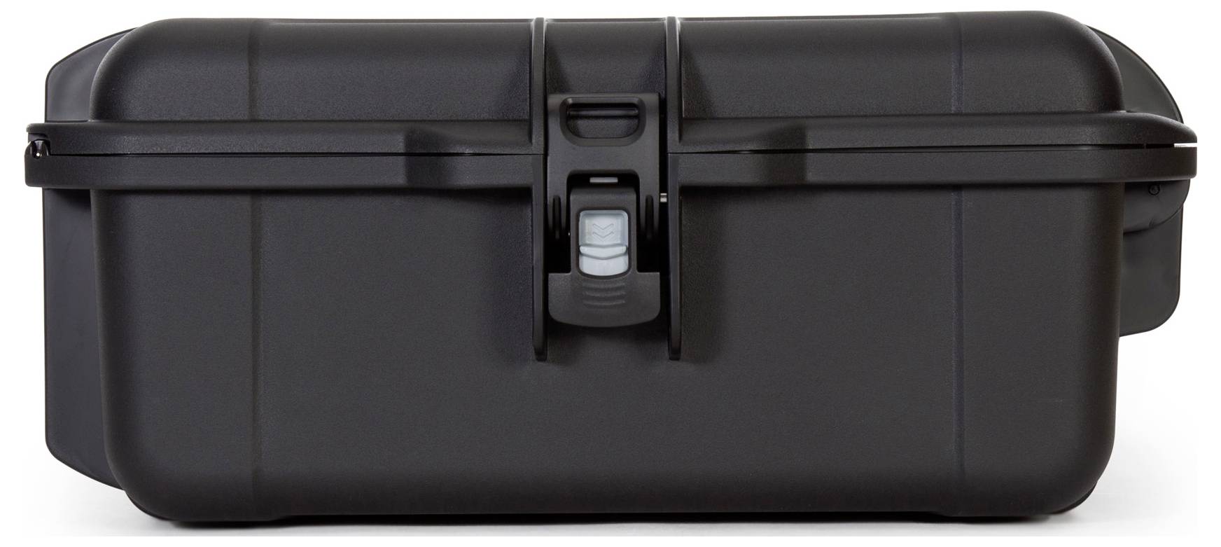 A black, robust hard-shell suitcase with a central lock, enabling secure transportation and protection of delicate items.