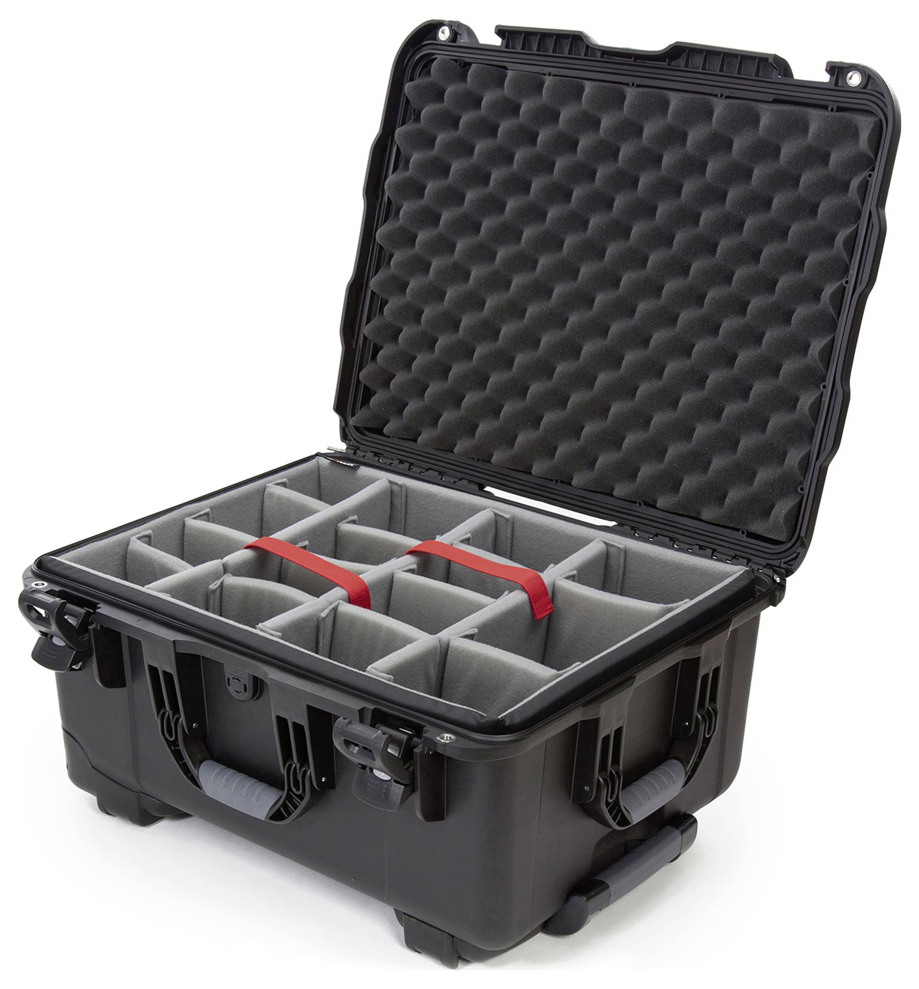 Black, open hard-shell case with compartments and foam padding. Suitable for securely transporting delicate items.