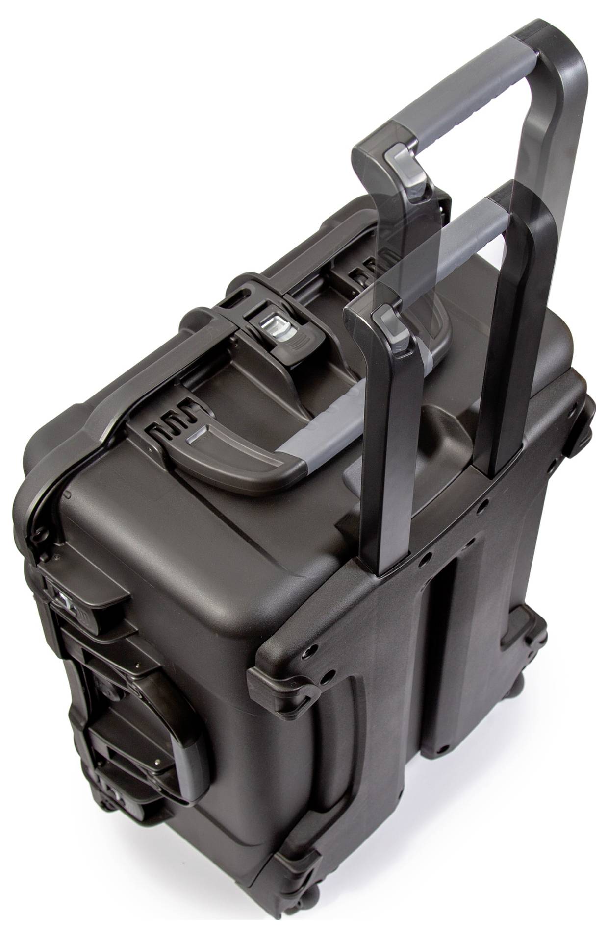 A black, robust plastic case with an extendable handle and wheels, suitable for the secure transportation of equipment.