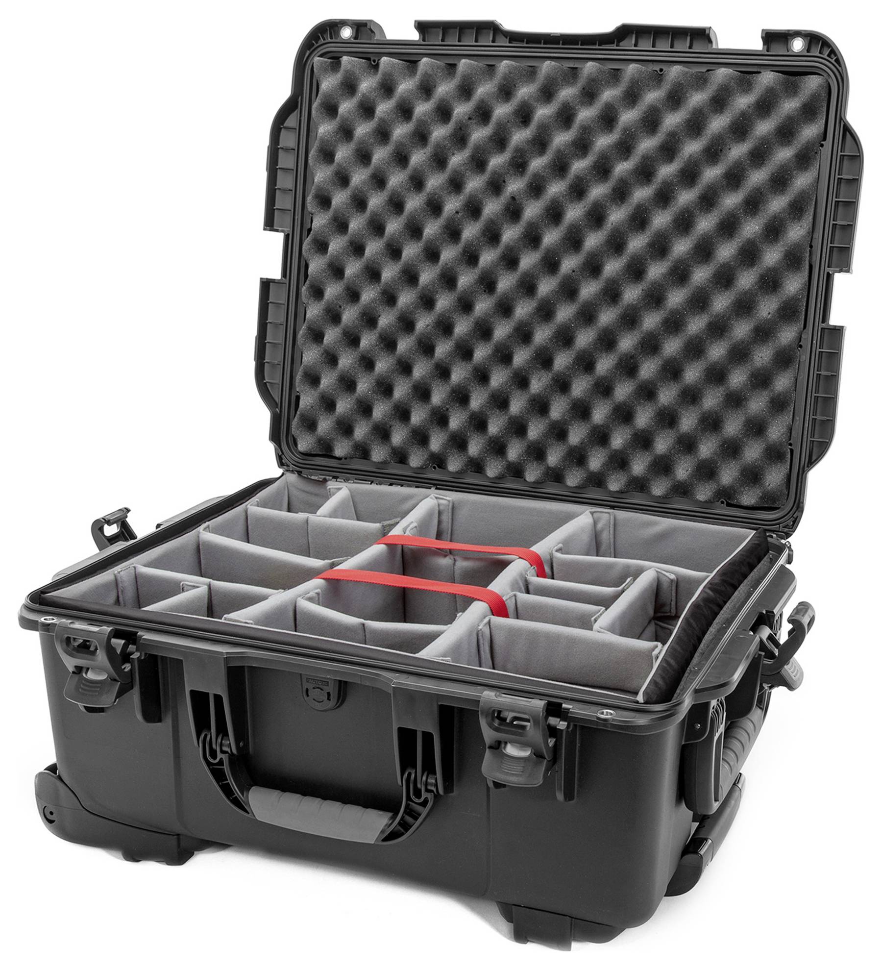 An open, black hard-shell case with foam padding and adjustable dividers for the secure transportation of equipment.