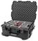 An open, black hard-shell case with foam padding and adjustable dividers for the secure transportation of equipment.