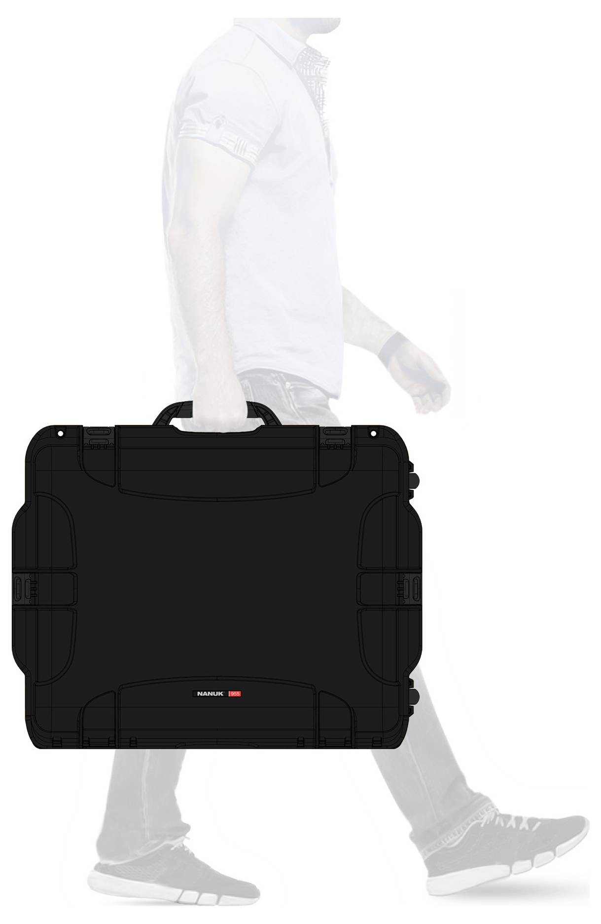 A man is carrying a large, black suitcase. The focus is on the suitcase, with its brand visible on the front.