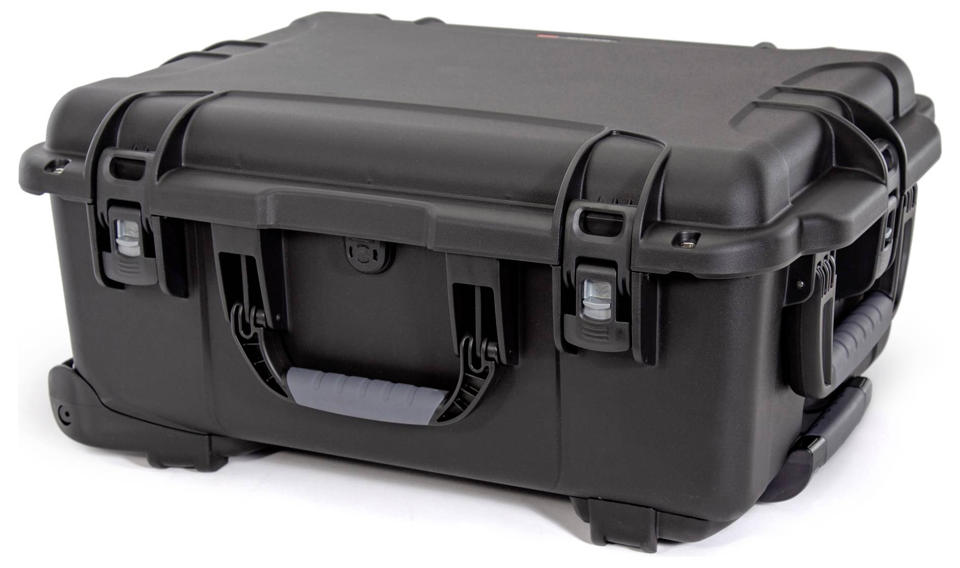 A black, robust hard-shell suitcase with handles and locks, suitable for the secure transportation of delicate items.