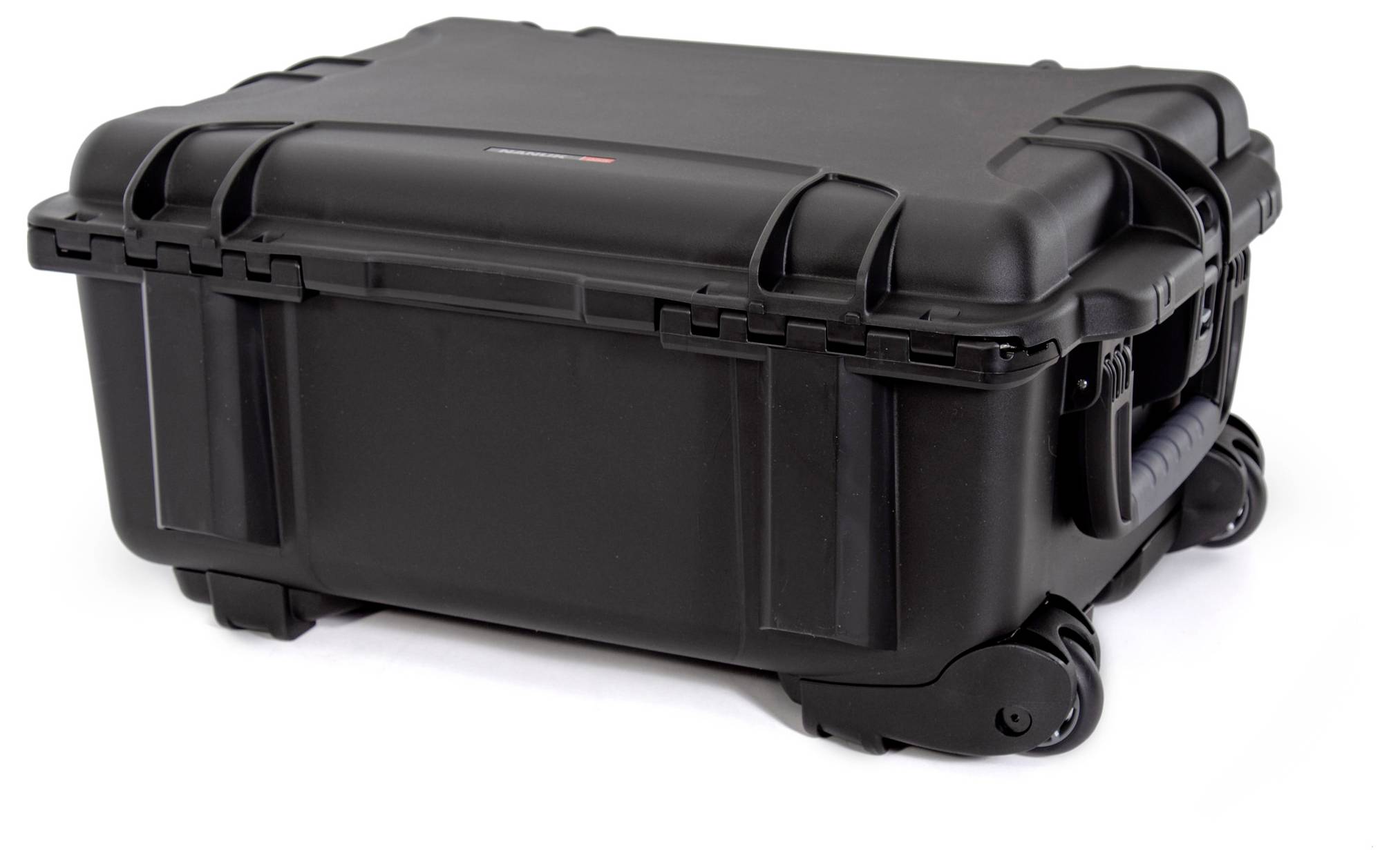 A black, robust transport case with rolling wheels, suitable for the secure transportation of sensitive equipment.