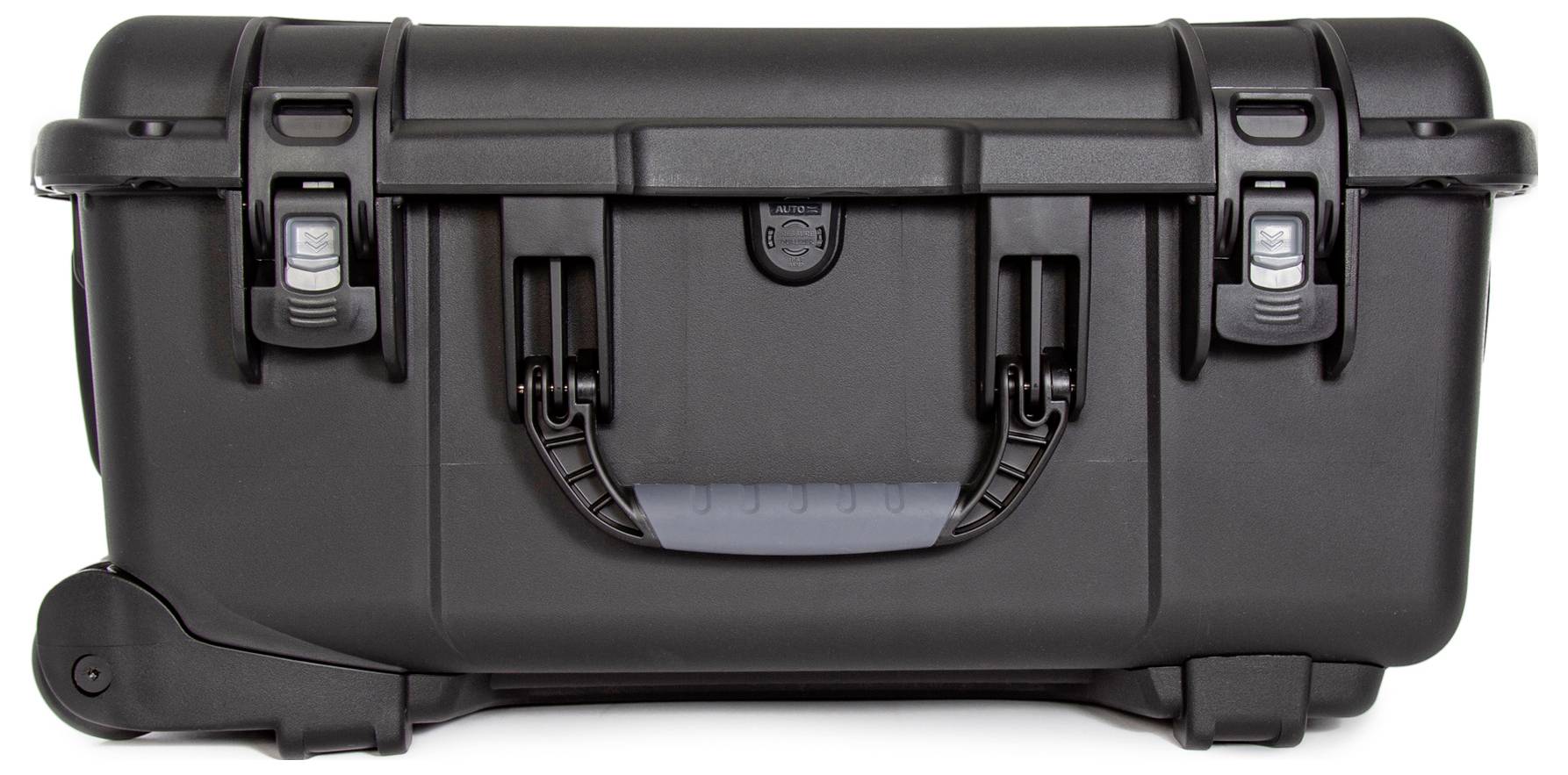 Black, robust suitcase with two combination locks and a centre handle. Suitable for secure transportation of sensitive equipment.